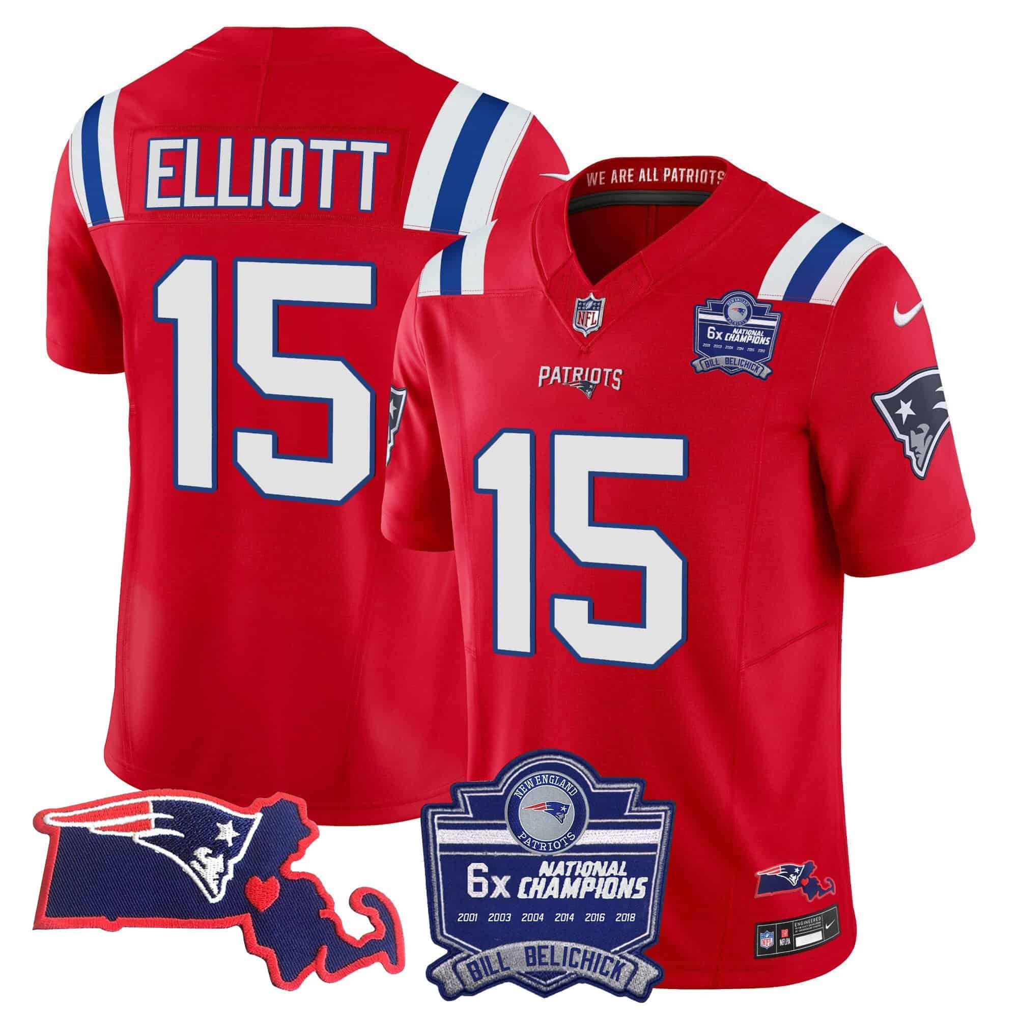 Men New England Patriots 15 Elliott Red 2024 Nike 6x Champions Patch Vapor Limited NFL Jersey